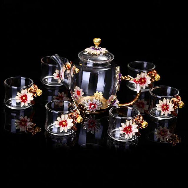 Bộ ấm trà thủy tinh Vạn thọ vô cương có hộp quà tết